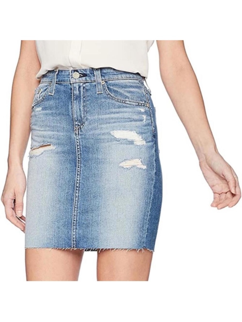 AG Adriano Goldschmied The Erin Blue Denim Pencil Skirt Distressed Raw Hem 26